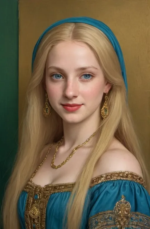 Prompt: a half-length portrait painting  of Helen of Troy cover with dark freckle blue eyes  long blonde hair red lipstick  on a smile on her face, "gold earrings"  renaissance dress with a green background and a blue sky, Fra Bartolomeo, academic art, renaissance oil painting, a painting in the style of  Mona Lisa