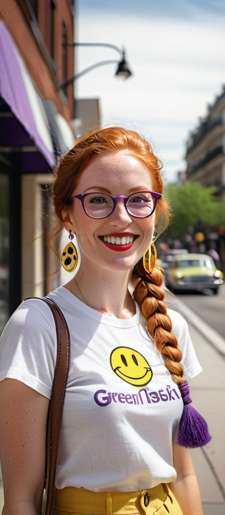 Prompt: portrait of a smiling 27 year-old woman. green eyes. cover with dark freckle. long ginger hair ginger in a French braid.   wearing  red lipstick. purple broad rimmed eyeglasses.  "1970s yellow smiley face earrings,"  and  white t-shirt,  smiles at the camera while standing on a sidewalk, figurativism, 1 9 7 0 s, a character portrait.