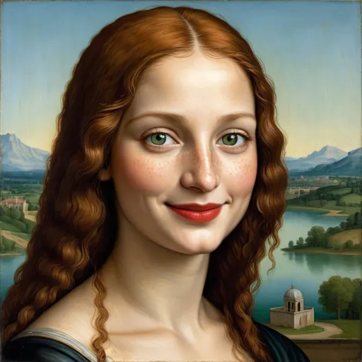 Prompt: a painting of Mona Lisa with dark freckle green eyes  long ginger hair and  red lipstick on a smile on her face, with a green background and a blue sky, Fra Bartolomeo, academic art, renaissance oil painting, a painting