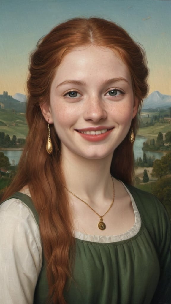 Prompt: a half-length portrait painting  of 20 year-old woman cover with dark freckle green eyes  long ginger hair red lipstick  on a smile on her face, "smiley-face-gold-earrings",  T-shirt, with a green background and a blue sky, Fra Bartolomeo, academic art, renaissance oil painting, a painting in the style of  Mona Lisa