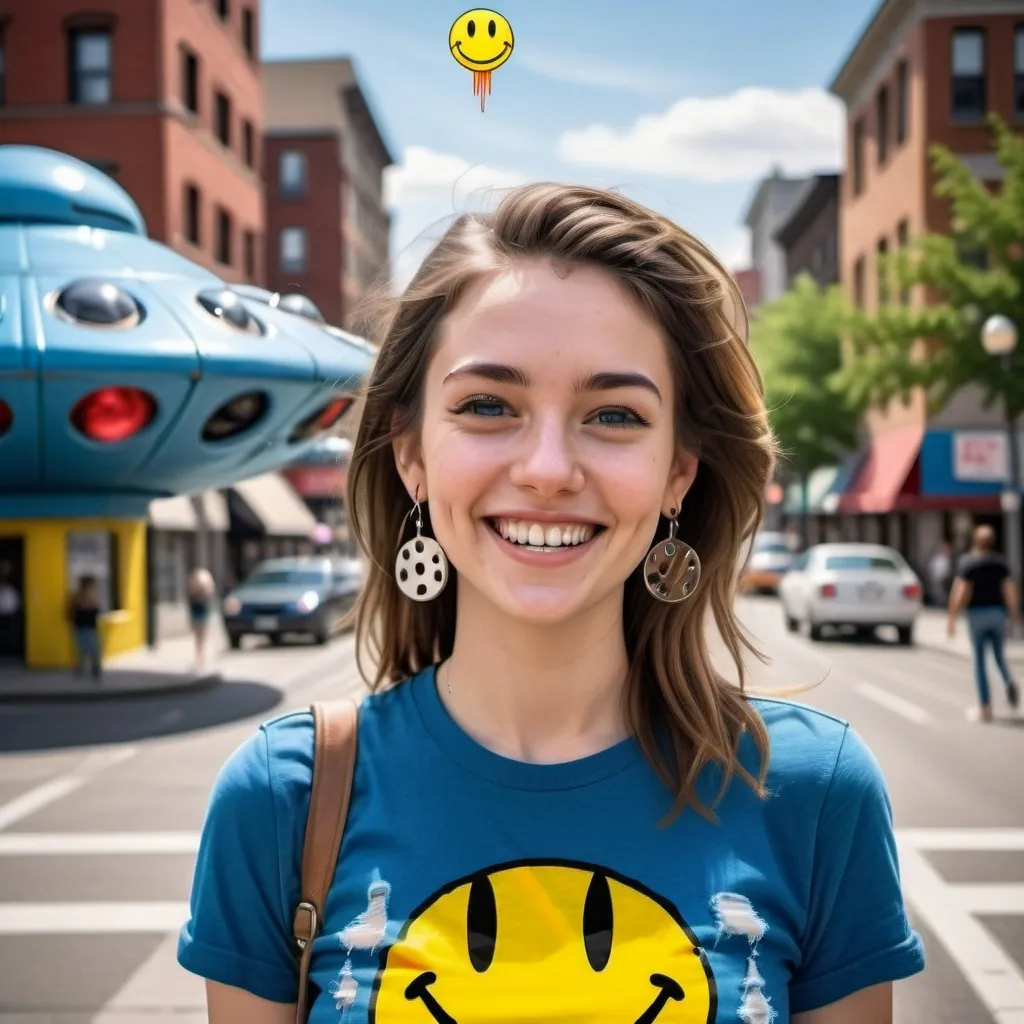 Prompt: photorealistic portrait of a [(27 year-old woman), (a smile on her face), (smiley earrings), (smiley_t-shirt), (long blue jean), ] in a city, looking very happy  at an attacking UFO