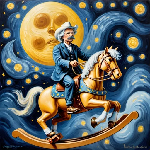 Prompt: a painting  of Mark Twain wearing cowboy hat riding a airborne  rocking horse, attach to wood rocker, that is jumping over the Moon.  in the style of "The Starry Night" by Vincent van Gogh