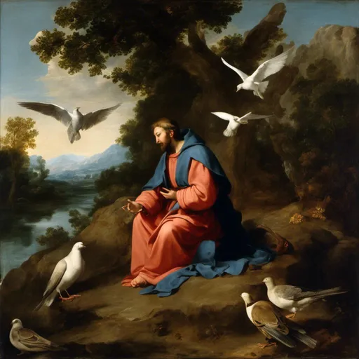 Prompt: <mymodel>a painting of  St Francis of Assisi sitting on a rock by a lake with birds flying around him and a dove in the sky, Lord  make me a channel of thy peace that where there is hatred  I may bring love that where there is wrong I may bring the spirit of forgiveness that where there is discord  I may bring harmony that where there is error  I may bring truth that where there is doubt  I may bring faith that where there is despair  I may bring hope that where there are shadows  I may bring light that where there is sadness  I may bring joy Lord  grant that I may seek rather to comfort than to be comforted to understand  than to be understood to love  than to be loved For it is by self-forgetting that one finds It is by forgiving that one is forgiven It is by dying that one awakens to Eternal Life ,Anne Stokes, figurative art, classical painting, a fine art painting