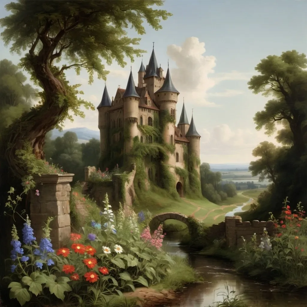 Prompt: a painting of a castle  overgrown with vines and wildflowers  with a path leading to it and flowers in front of it and a fence and a stream in a field with flowers and trees around, The castle itself  though old and ruined in many parts had evidently been at one time a place of considerable strength, in the style of Carl Heinrich Bloch, blending the American Barbizon School and Flemish Baroque influences.  
