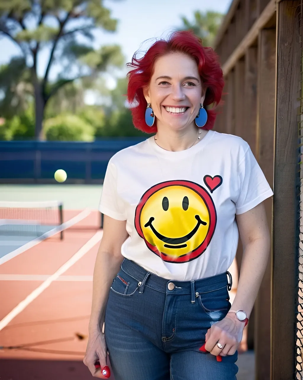 Prompt: portrait,  
( Helen of Troy), 
 (a smile on her face),
(earrings with a smiley face on it's earring hooks),  
(smiley-face t-shirt), 
(long blue jean), 
(red and blue tennis shoes),
photo
