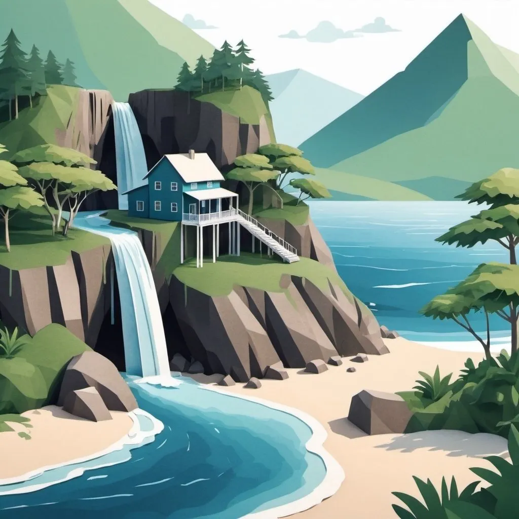 Prompt: paper-home-at-an-ocean-beach-by-waterfall-in-the-mountains on white background