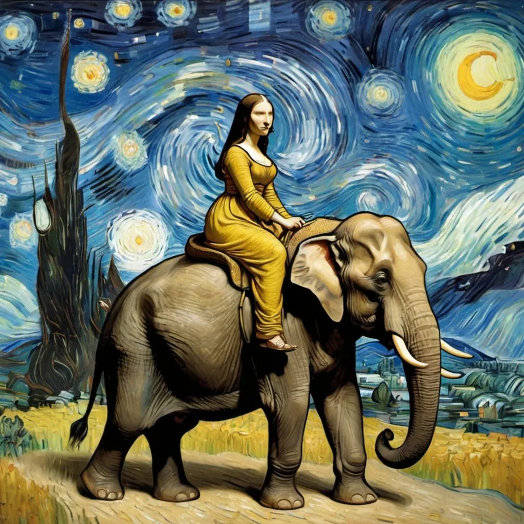 Prompt: Mona Lisa riding an elephant in  "The Starry Night" by Vincent van Gogh