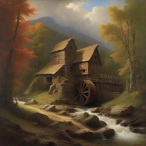 Prompt: Create a UHD, 64K, professional oil painting in the style of Albert Bierstadt, Hudson River School, american scene painting, Depict a playfully  balanced Watermill, on  the mountain that stood ou  bold and clear against the sky its towering crags and deep ravines filled with mystery and beauty.