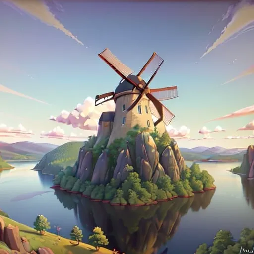 Prompt: Create a UHD, 64K, professional oil painting, Hudson River School, american scene painting, Depict a playfully  balanced windmill on  the mountain that stood out  bold and clear against the sky its towering crags and deep ravines filled with mystery and beauty.