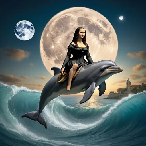 Prompt: Mona Lisa riding a dolphin that is jumping over the Moon.