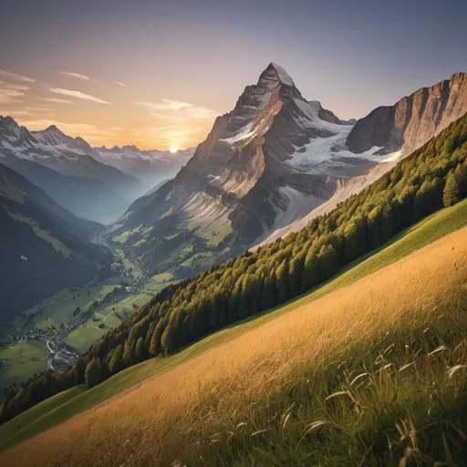 Prompt: Swiss Alps at sunrise, 
wide angle view, 
full depth of field, 
beautiful, 
high resolution, 
realistic, 
detailed foliage,
serene atmosphere, 
golden hour lighting, 
majestic valleys,
majestic peaks, 
natural beauty,
landscape painting, 
professional quality, 
sunrise,
mountain range, 
majestic valleys, 
realistic, 
detailed foliage,
serene atmosphere, 
wide angle view, 
full depth of field, 
beautiful, 
high resolution, 
golden hour lighting, 
majestic peaks, 
natural beauty