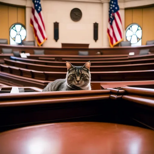 Prompt: <mymodel> A Cat sitting on a legislative  podium in  the well of  a legislative chamber during a legislative session.