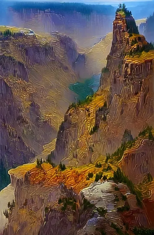 Prompt: Create a UHD, 64K, professional oil painting in the style of Albert Bierstadt, Hudson River School  of the Grand Canyon of the Yellowstone , 