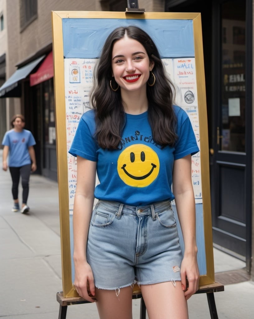 Prompt: a full-length portrait painting,
 27 year-old woman, 
cover with dark freckle,
 blue eyes, 
long black hair, 
red lipstick, 
a smile on her face, 
black-smiley-face-ON-gold-earrings,
standing on sidewalk chart art, 
smiley-face  t-shirt, 
long blue jean,
blue tennis shoes,
academic art, renaissance oil painting