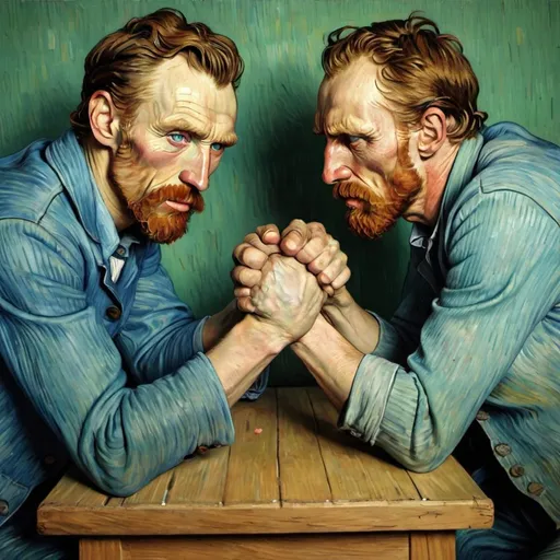 Prompt:  "Vincent van Gogh" Arm wrestling "Portrait de l'artiste sous les traits d'un moqueur, "