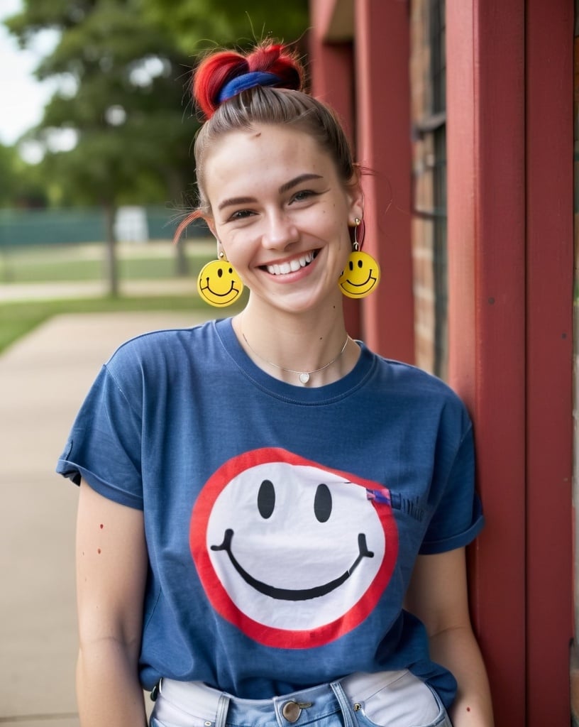 Prompt: portrait,  
(27 year-old woman), 
(a smile on her face),
(earrings with a smiley face on it's earring hooks),  
(smiley-face t-shirt), 
(long blue jean), 
(red and blue tennis shoes),
photo
