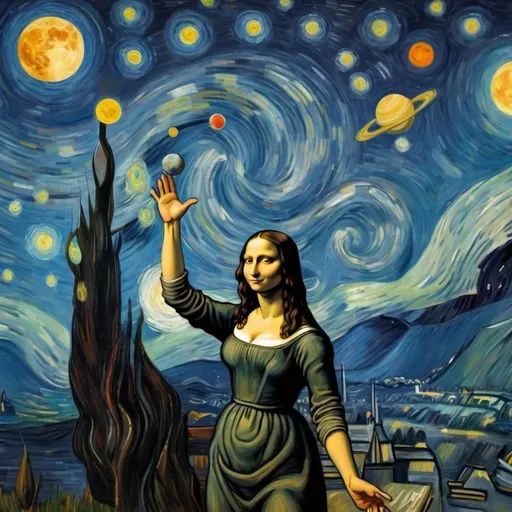 Prompt: Mona Lisa juggling "the Moon, Saturn, Jupiter, and Mars" in  "The Starry Night" by Vincent van Gogh
