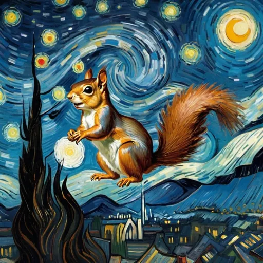 Prompt: A squirrel flying on a "magic carpet" in "The Starry Night" by Vincent van Gogh