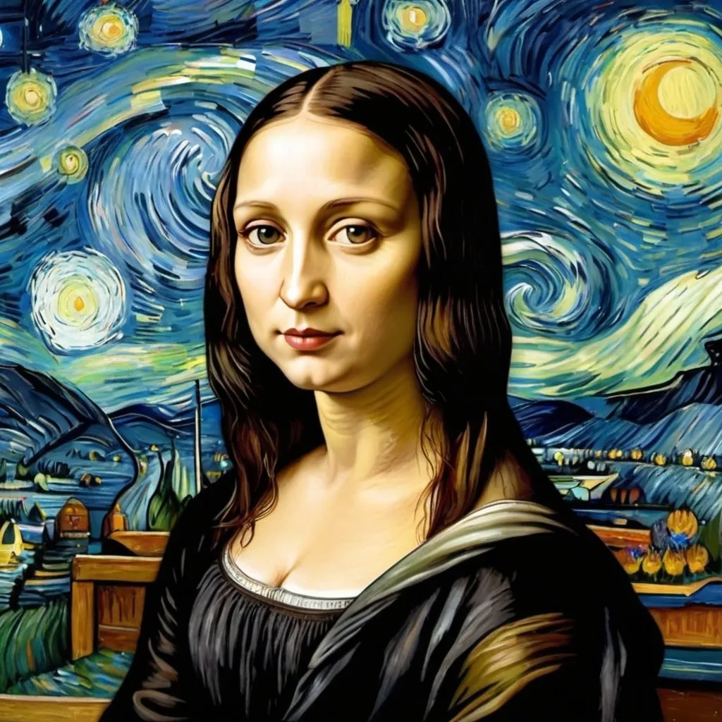 Prompt: Mona Lisa in  The Starry Night
by Vincent van Gogh
