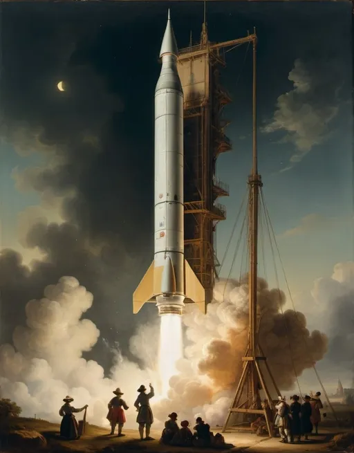 Prompt: a painting of a rocket is being launched on a clear day with smoke billowing out of it's back end,
Évariste Vital Luminais, 
academic art, 
moon lighting,
rembrandt lighting, 
a flemish Baroque