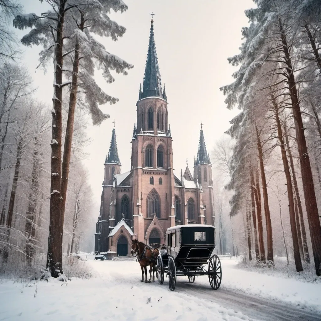 Prompt: a gothic cathedral with a steeple and  horse-drawn carriage parked in front of it in the snow covered forest with trees,  romanesque, winter, a colorized photo