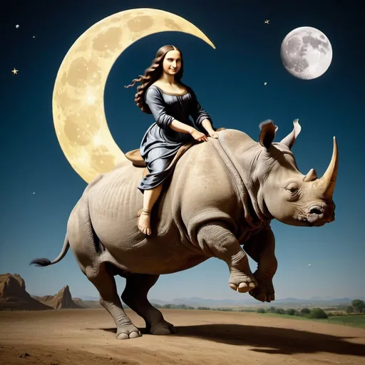 Prompt: Mona Lisa riding a Rhinoceros that is jumping over the Moon.