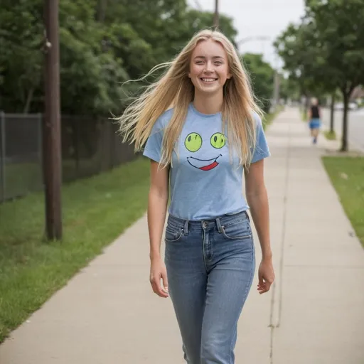 Prompt: a full-length , 27 year-old woman, walking on a dry sidewalk, cover with dark freckle, green eyes, long blonde hair, a smile on her face, smiley-face t-shirt, long blue jean, red and blue tennis shoes, 