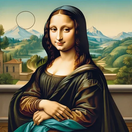 Prompt: a painting of a Mona Lisa with a  almost transparent  black veil over long hair and a smile on her face, with a green background and a blue sky, Fra Bartolomeo, academic art, da vinci, a painting