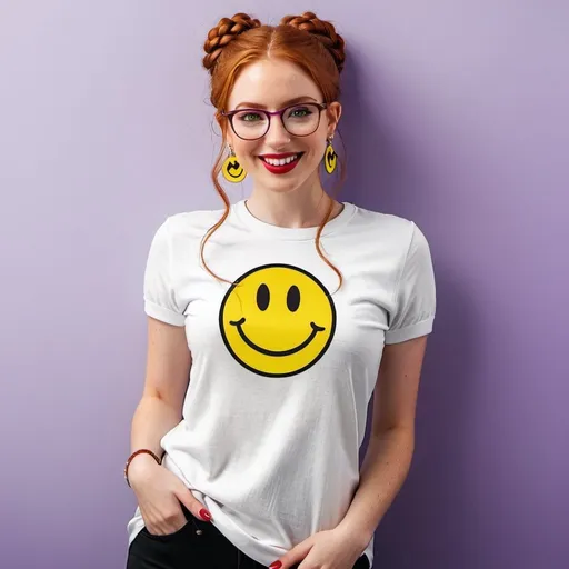 Prompt:  25-year-old woman, green eyes. cover with dark freckle. long ginger hair ginger in a French braid. wearing lipstick red. broad rimmed eyeglasses purple

 the woman is wearing  earrings.

the earrings has a yellow smiley face  

