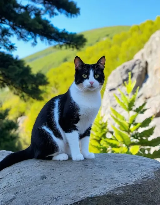 Prompt: a photo of a cat standing on a rock with a tree in the background and a rock 