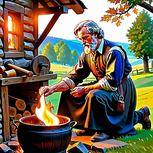 Prompt: Under a spreading chestnut-tree
     ⁠The village smithy stands;
The smith, a mighty man is he,
     With large and sinewy hands,
And the muscles of his brawny arms
     Are strong as iron bands.

His hair is crisp, and black, and long;
     His face is like the tan;
His brow is wet with honest sweat,
     He earns whate'er he can,
And looks the whole world in the face,
     For he owes not any man.

Week in, week out, from morn till night,
     You can hear his bellows blow;
You can hear him swing his heavy sledge,
     With measured beat and slow,
Like a sexton ringing the village bell,
     When the evening sun is low.

And children coming home from school
     Look in at the open door;
They love to see the flaming forge,
     And hear the bellows roar,
And catch the burning sparks that fly
     Like chaff from a threshing-floor.

He goes on Sunday to the church,
     And sits among his boys;
He hears the parson pray and preach,
     He hears his daughter's voice
Singing in the village choir,
     And it makes his heart rejoice.

It sounds to him like her mother's voice
     Singing in Paradise!
He needs must think of her once more,
     How in the grave she lies;
And with his hard, rough hand he wipes
     A tear out of his eyes.

Toiling,—rejoicing,—sorrowing,
     Onward through life he goes;
Each morning sees some task begin,
     Each evening sees it close;
Something attempted, something done,
     Has earned a night's repose.

Thanks, thanks to thee, my worthy friend,
     For the lesson thou hast taught!
Thus at the flaming forge of life
     Our fortunes must be wrought;
Thus on its sounding anvil shaped
     Each burning deed and thought.

The Village Blacksmith (1842)
Henry Wadsworth Longfellow
1807 – 1882

