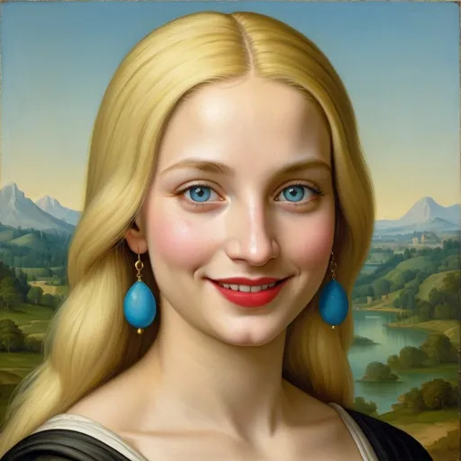 Prompt: a painting of Mona Lisa blue eyes  long blonde hair, red lipstick, on a smile on her face "yellow smiley face earrings", with a green background and a blue sky, Fra Bartolomeo, academic art, renaissance oil painting, a painting