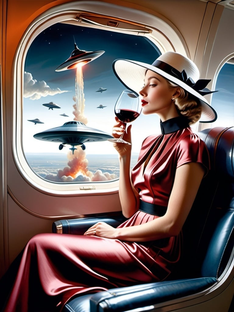 Prompt: a 21-year-old woman in a long flower print Empire Dress with a high neck line and white hat  sitting on an airplane seat with a hat on her head, drinking red wine, and an attacking UFO in the night shy in in the background with a window, Annie Leibovitz, precisionism, promotional image, an art deco painting