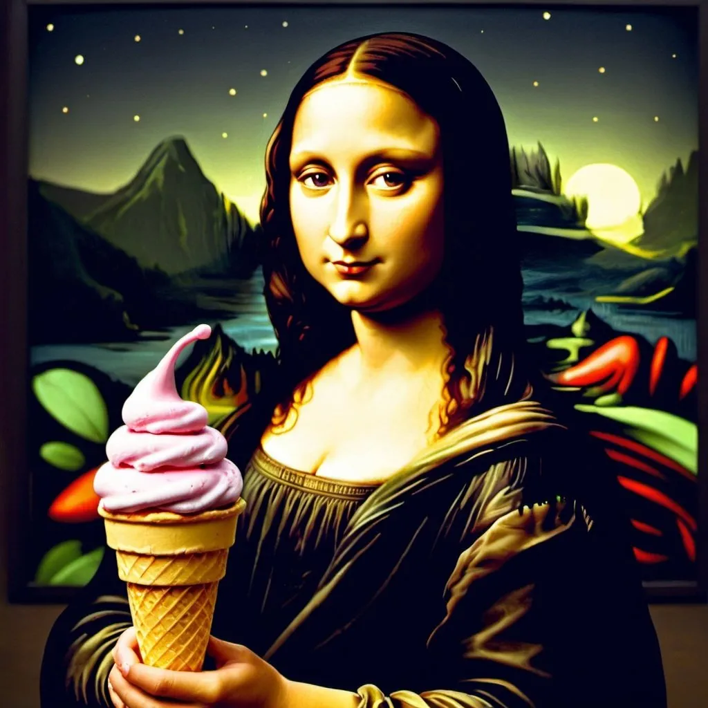 Prompt: Mona Lisa holding lava in an ice cream cone at night 