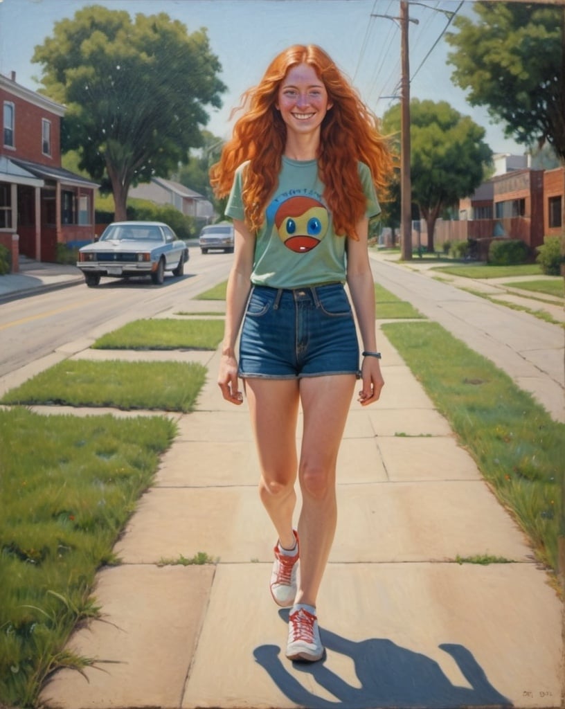 Prompt: a full-length portrait painting,
 27 year-old woman, 
walking on a dry sidewalk, 
cover with dark freckle,
green eyes, 
long ginger hair, 
a smile on her face, 
smiley-face  t-shirt, 
long blue jean,
red and blue tennis shoes,
1970s oil painting,