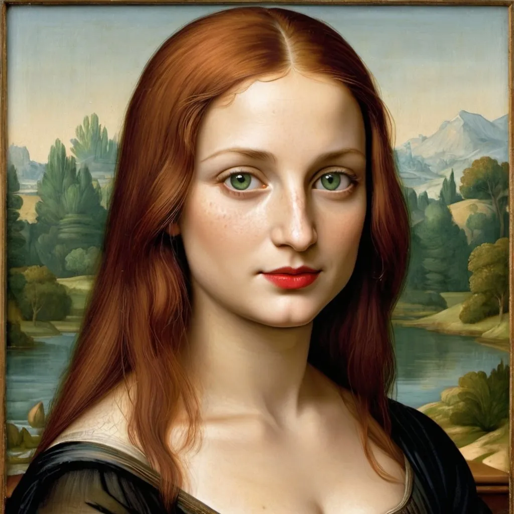 Prompt:  half-length Italian Renaissance portrait painting, Mona Lisa, freckle, red hair, green eyes, red lipstick, landscape,  style of  Leonardo da Vinci.