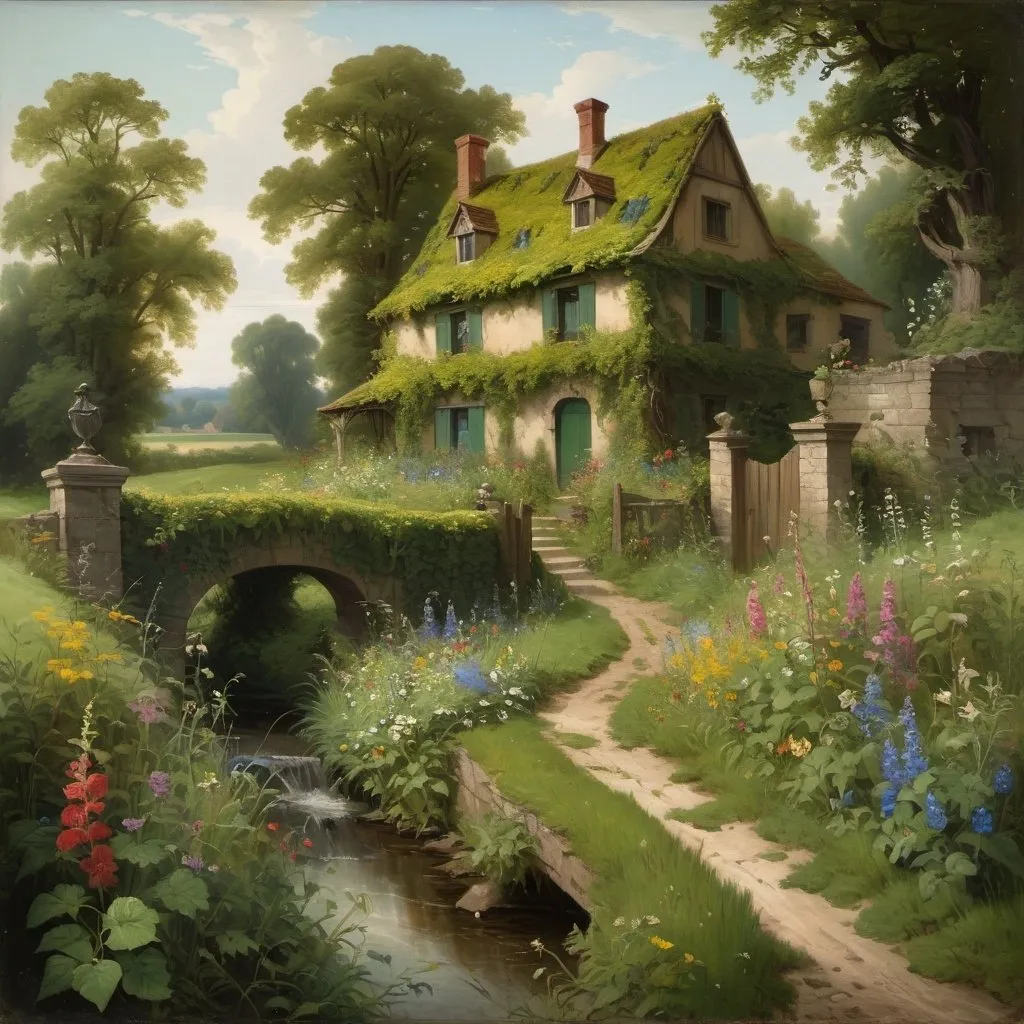 Prompt: a painting of a house overgrown with vines and wildflowers  with a path leading to it and flowers in front of it and a fence and a stream in a field with flowers and trees around it with a green roof, in the style of Carl Heinrich Bloch, blending the American Barbizon School and Flemish Baroque influences.