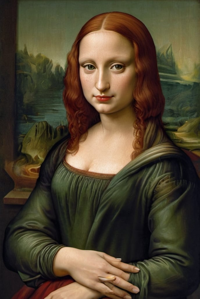 Prompt: portrait painting, Mona Lisa, high neckline,  torso,   lap, folded hands in lap, dark freckle, red hair, green eyes, red lipstick,  Leonardo da Vinci