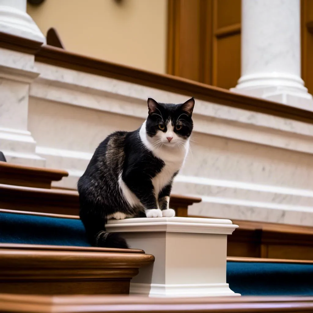 Prompt: <mymodel> A Cat sitting on a legislative  podium  during a legislative session.