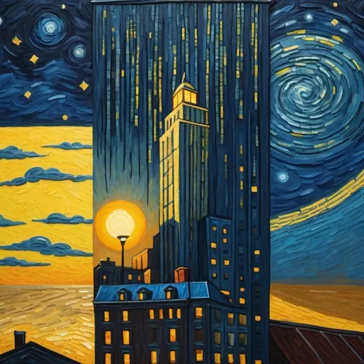 Prompt: a tall building  and a street light in front of it, Dave Arredondo, regionalism, sunset lighting,  in the style of "The Starry Night" by Vincent van Gogh