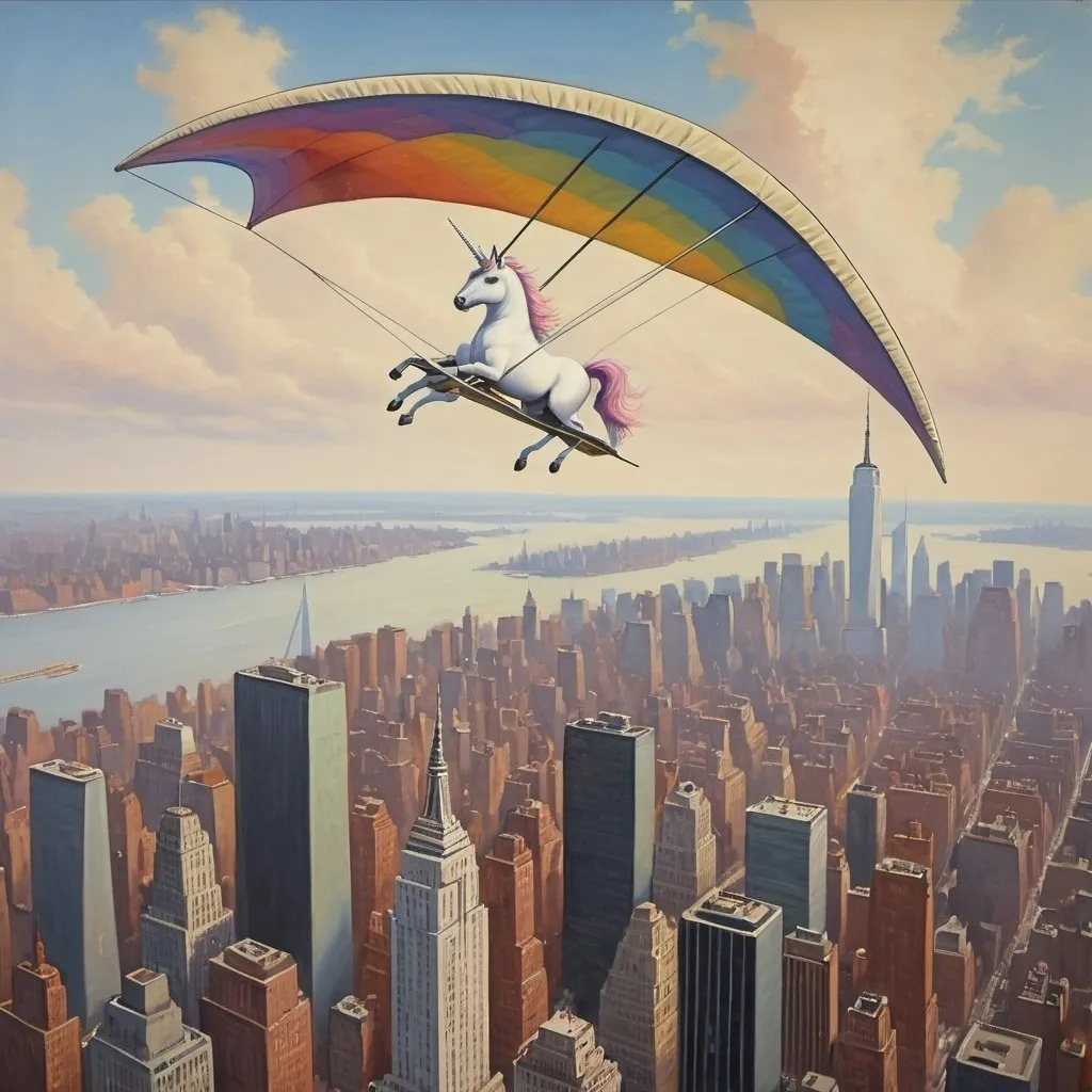 Prompt: a  unicorn,  flying over New York city  on hang glider, 1970s oil painting,

