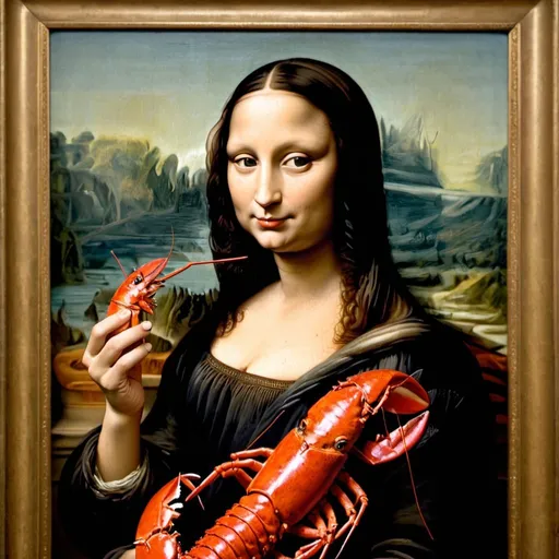 Prompt: The Mona Lisa eating lobster.
