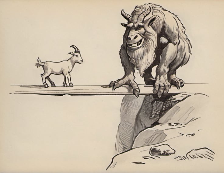 Prompt: a drawing of a troll  blocking a goat from crossing a bridge. the  troll  is standing on rock under the bridge,  troll 's hands is on the bridge, the troll 's nose  is blocking  the bridge,  troll 's head is over the bridge.  a storybook illustration

 image from  Tales and tags; rhymes by [Latham, Azubah Julia] (1918)