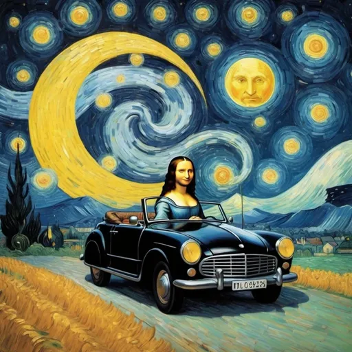 Prompt: Mona Lisa riding in convertible that is jumping over the Moon in "The Starry Night" by Vincent van Gogh