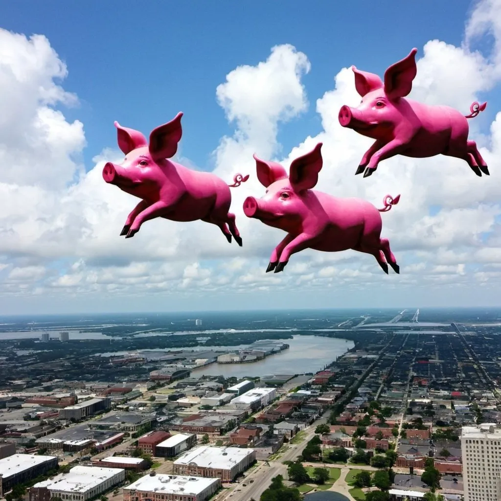 Prompt: three pigs flying over new orleans louisiana 
