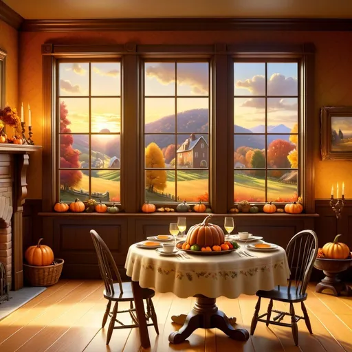 Prompt: Create a UHD, 64K, professional oil painting in the style of Carl Heinrich Bloch, blending the American Barbizon School and Flemish Baroque influences. Depict a warm, inviting scene of a Thanksgiving dinner at grandmother's house. The table is set with a bountiful feast, including a golden roasted turkey, bowls of mashed potatoes, gravy, cranberry sauce, and an assortment of vegetables. The dining room is filled with the soft glow of candlelight and the cozy warmth of a crackling fireplace. Family members of all ages are gathered around the table, their faces lit with joy and laughter. The room is adorned with autumnal decorations, such as pumpkins, leaves, and cornucopias. In the background, through a large window, a picturesque view of a late autumn landscape can be seen, with golden leaves and a setting sun casting a warm glow over the scene.