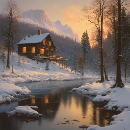 Prompt: <mymodel>a painting of a cabin in the woods with a river running through it and snow covered trees surrounding it, Evgeny Lushpin, american scene painting, kinkade, a detailed matte painting