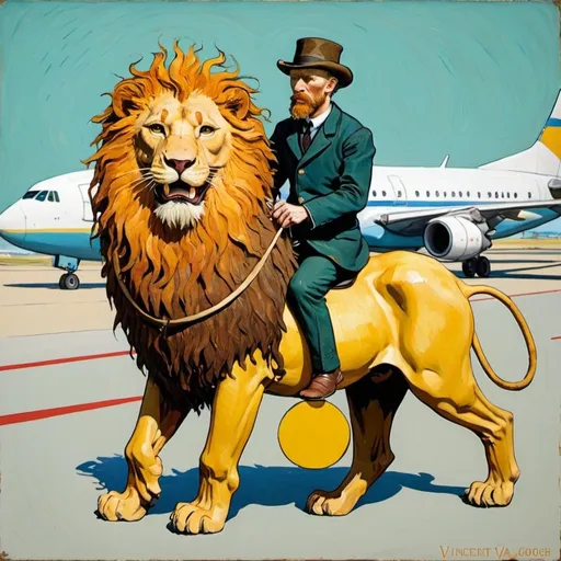 Prompt: "Vincent van Gogh"   riding a  lion in  an airport