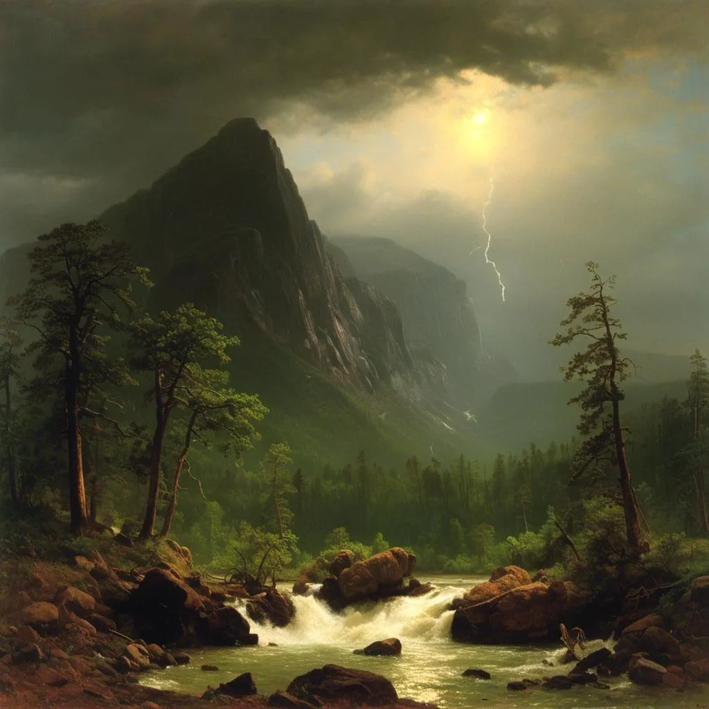 Prompt: <mymodel>Create a UHD, 64K, professional oil painting in the style of Albert Bierstadt, Hudson River School, american scene painting, Depict a It was a stormy night
The storm roared and rumbled in the mountains The storm increased The thunder rolled and the rain continued to beat with unabated fury
and the moon had sunk behind the dark summits of the mountains
 leaving only a dim and uncertain light.
