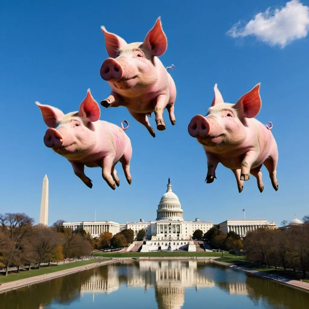 Prompt: three pigs flying over washington DC
